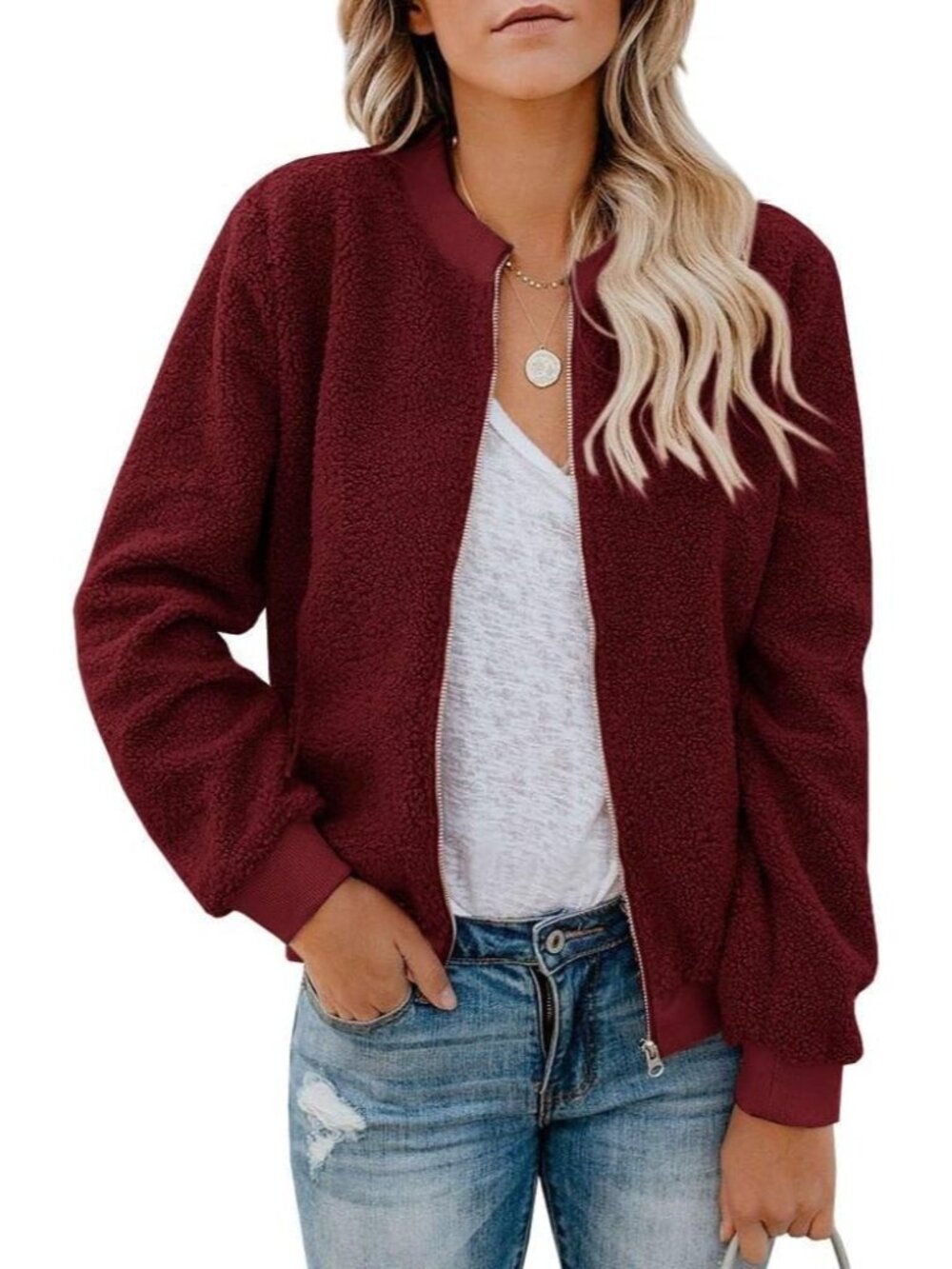〽️Women's Wine Red Winter Bomber Long Sleeve Faux Sherpa Fuzzy Casual Zip Coat